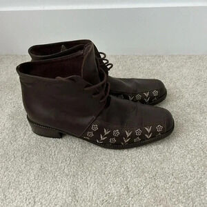 Ixos Italian Brown Leather  Lace Up Minimalist Academia Ankle Boot embroidered